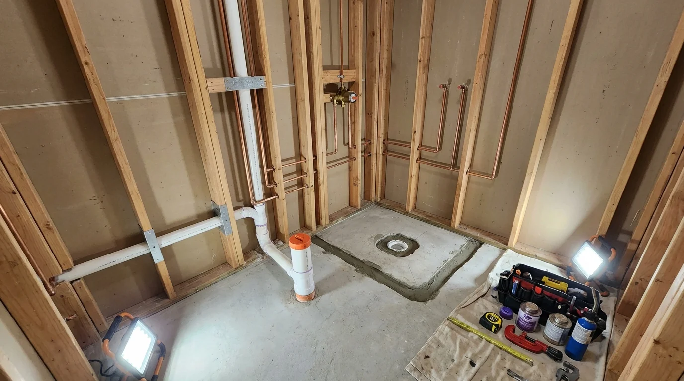 Bathroom rough-in plumbing during remodel by Johns Plumbing LLC in Russellton