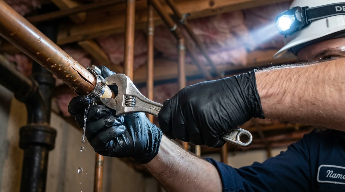 Emergency pipe clamp repair being performed by a Johns Plumbing LLC plumber in Russellton