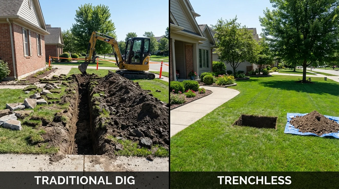 Trenchless sewer repair with minimal yard damage versus traditional excavation in Russellton, PA