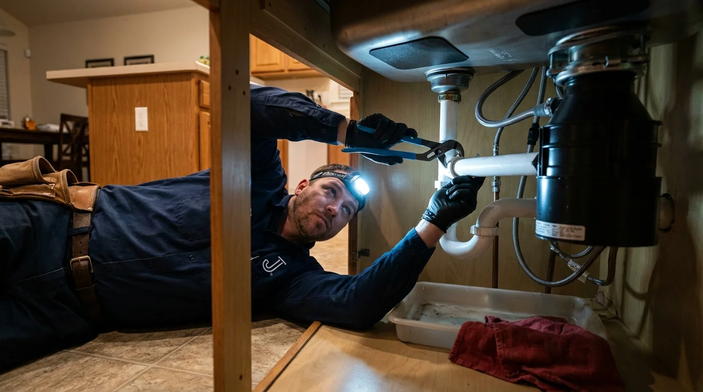 P-trap and supply line connections under a kitchen sink showing a common leak point in Russellton, PA